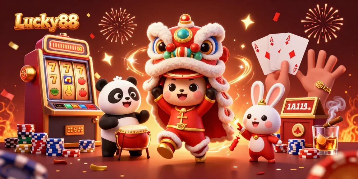 Spin the Lucky88 slot reels with festive characters dancing amid vibrant casino elements.