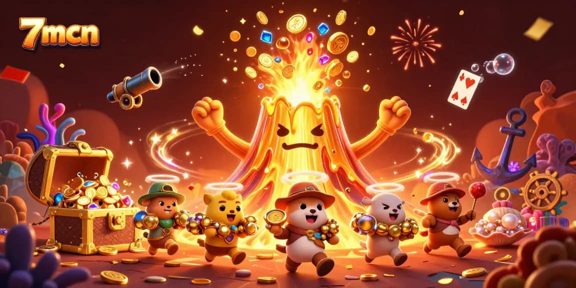 Engage with 7mcn's thrilling casino experience featuring a golden volcano and treasure.