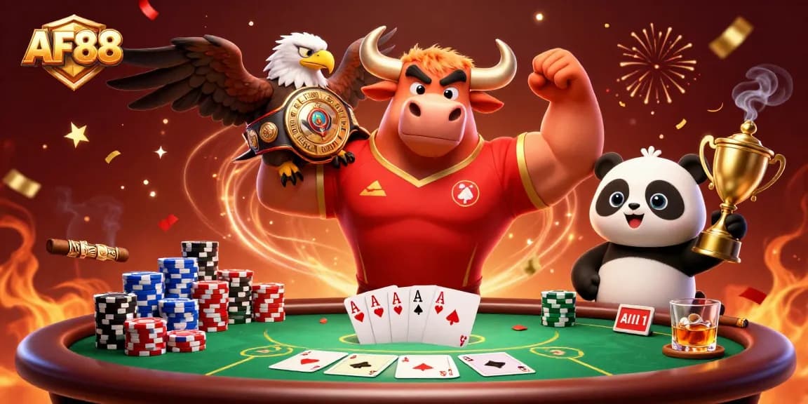 Winning at AF88: Celebrate with a 3D bull, eagle, and panda surrounded by poker chips.