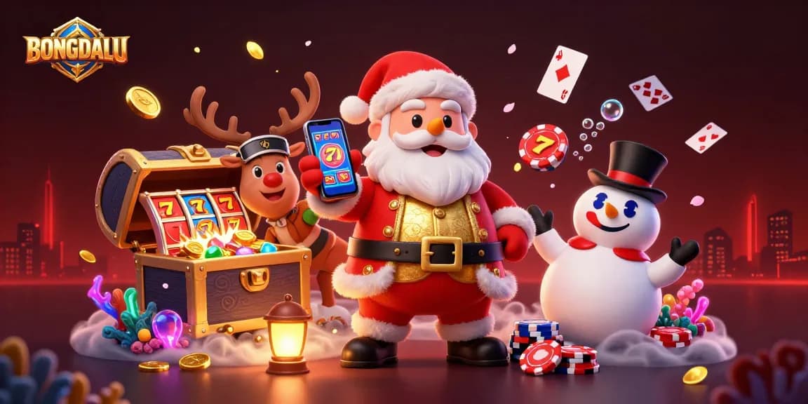 BONGDALU showcases Santa celebrating wins in a vibrant casino scene with dynamic gaming elements.