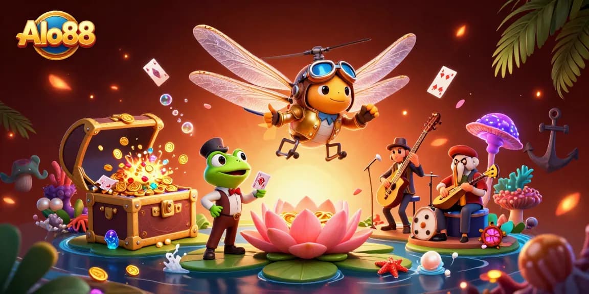 Alo88 offers a vibrant casino experience with exciting games, highlighted by a whimsical scene featuring a dragonfly pilot and frog croupier.