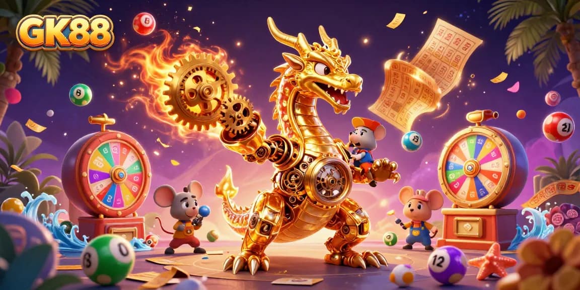 GK88 delivers an energetic casino atmosphere with a dragon spitting gears and colorful lottery elements.