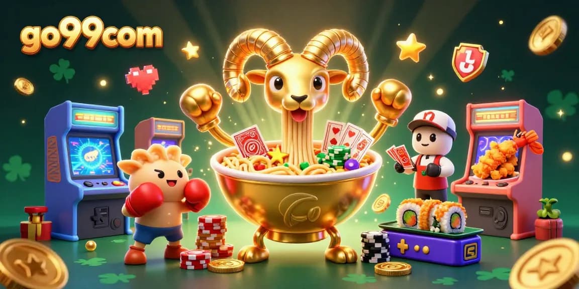 Engage with go99com's vibrant casino scene featuring a ramen bowl dealer, gyoza sidekick, and game elements.