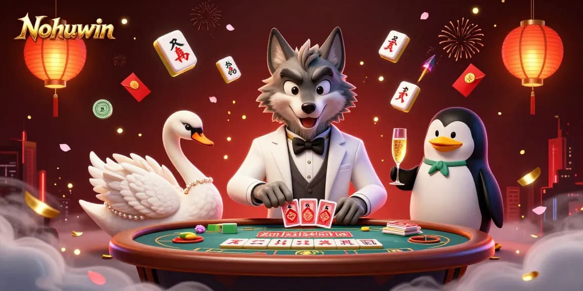 Nohuwin showcases vibrant casino characters and elements in a dynamic gambling illustration.