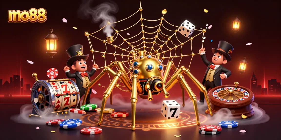 Win with mo88 at a vibrant casino scene featuring a golden spider catching dice.