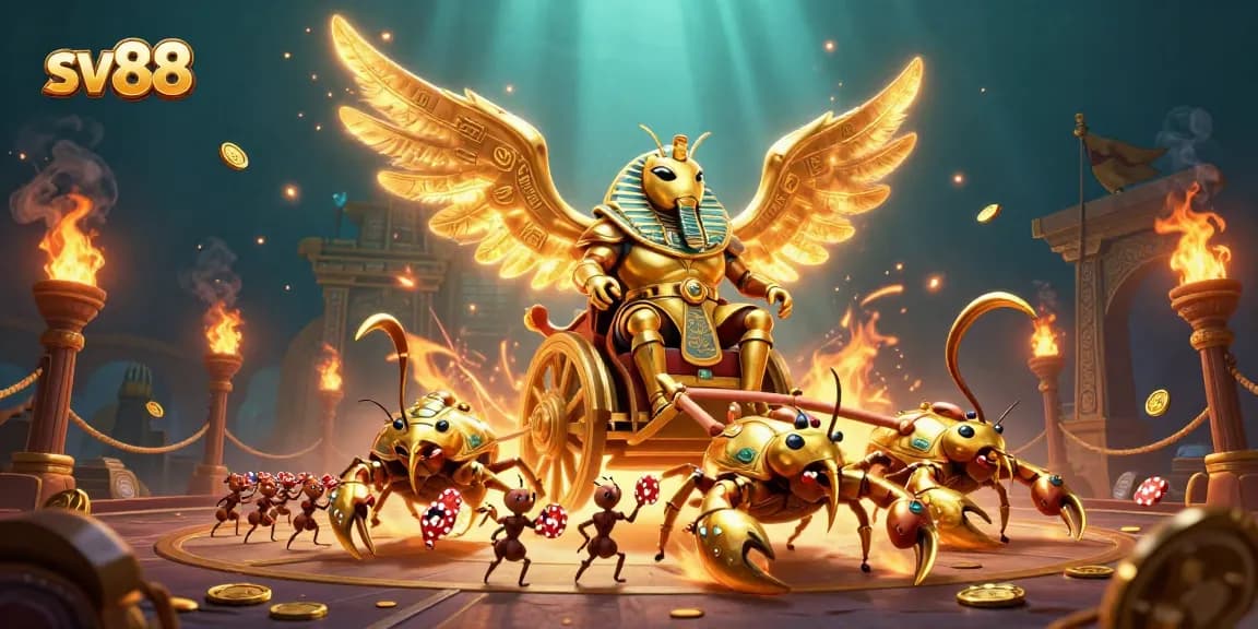 Engage with sv88's animated 3D casino experience featuring a golden scarab and scorpions.