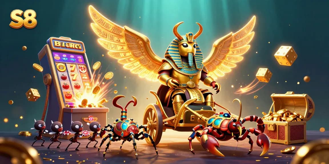 Experience the thrill of S8 slots with a golden beetle riding in a jackpot explosion