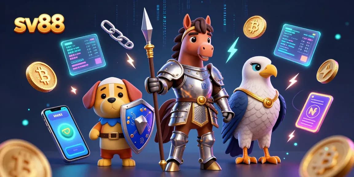 Engage with sv88's gaming world through vibrant knights and crypto elements in a dazzling 3D scene.