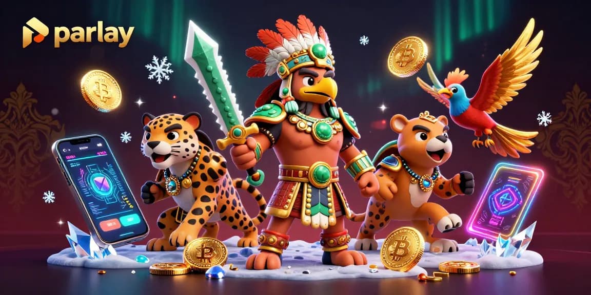 Engage in parlay betting strategies with an Aztec warrior scene showcasing crypto elements and dynamic sports themes.