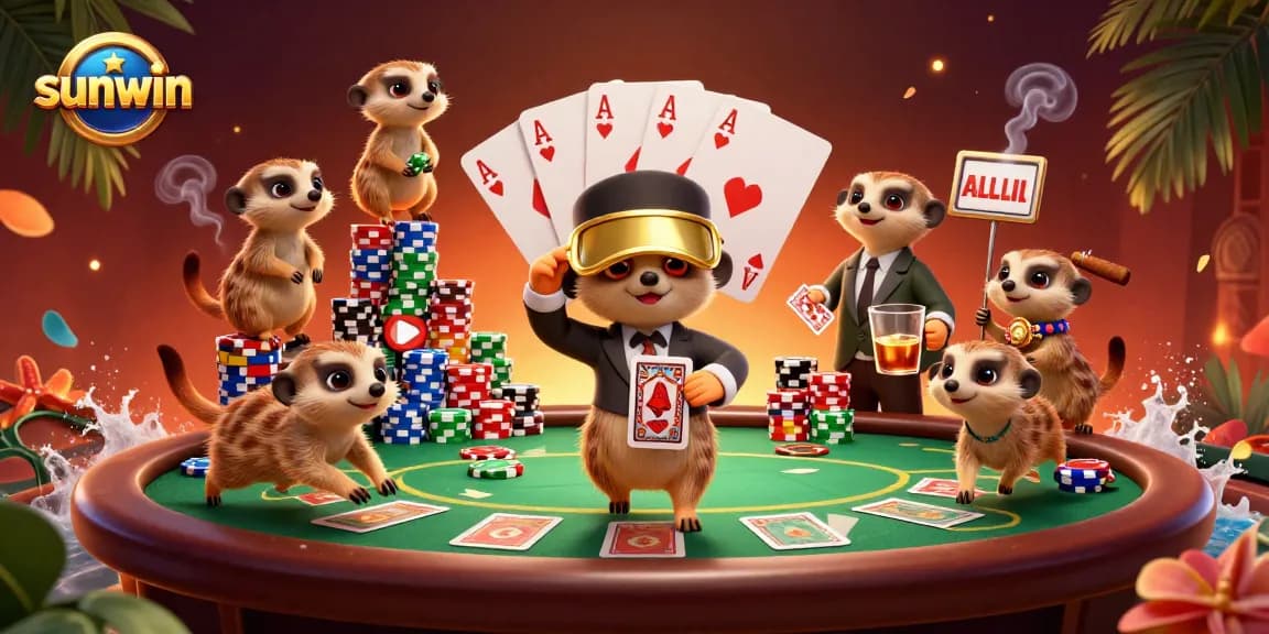 Engage in thrilling games at Sunwin with a vibrant meerkat casino scene showcasing poker excitement.