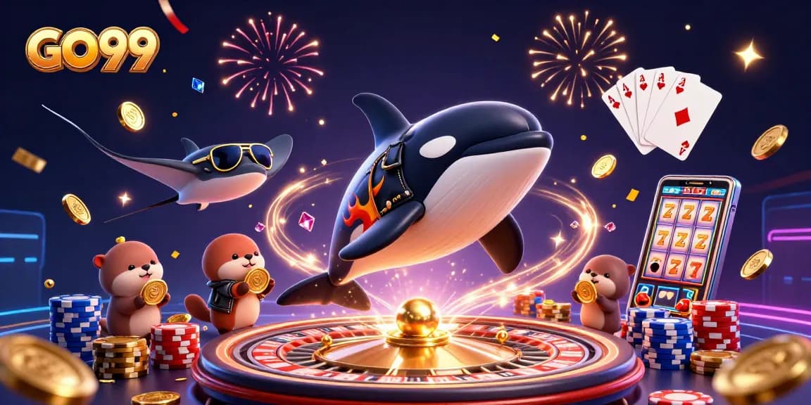 Experience the excitement of GO99 with an orca, stingray, and otters amidst swirling casino elements.