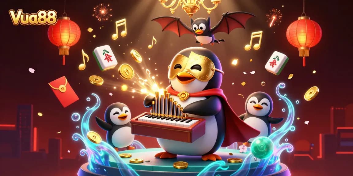 Vua88 showcases thrilling gaming experiences with a phantom opera penguin and acrobatic elements.
