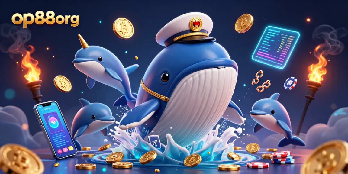 Watch op88org transform your gaming with this vibrant casino-themed illustration featuring whales and dolphins with sparkling coins.