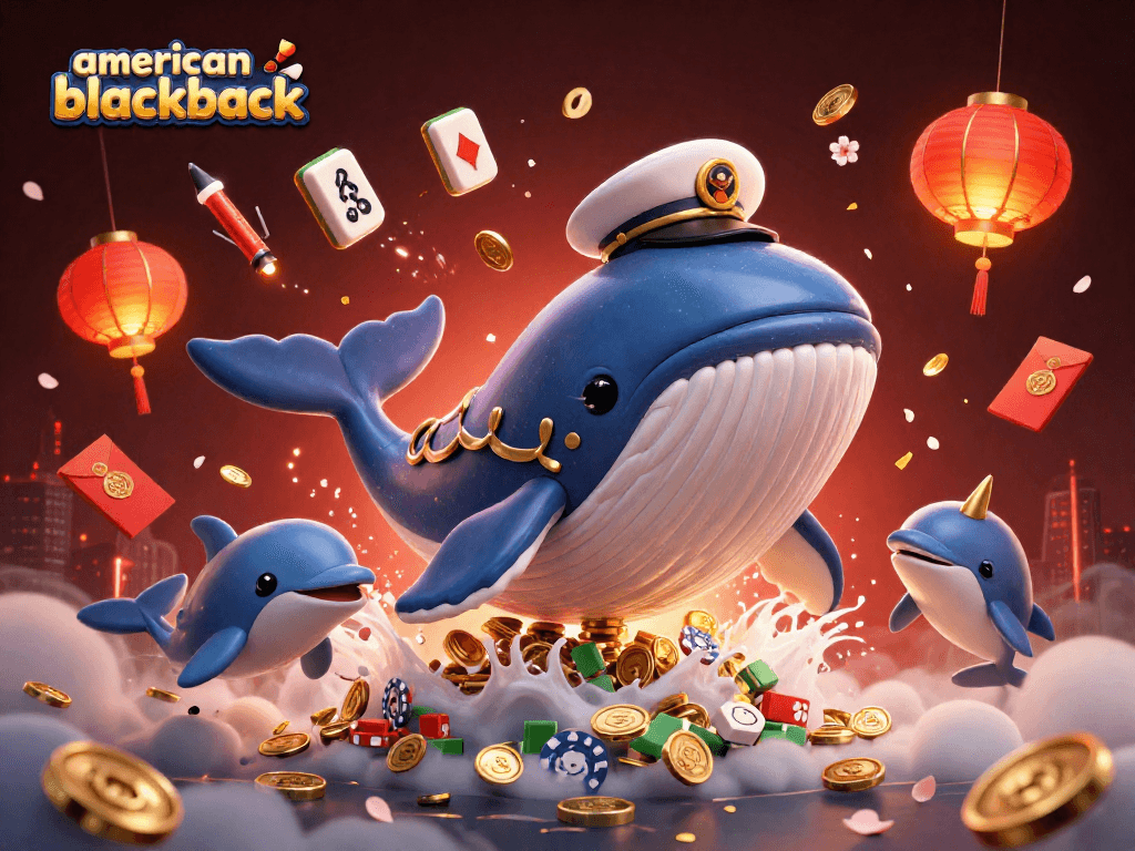 Experience the excitement of american-blackjack with a whale and dolphins surrounded by golden casino elements.
