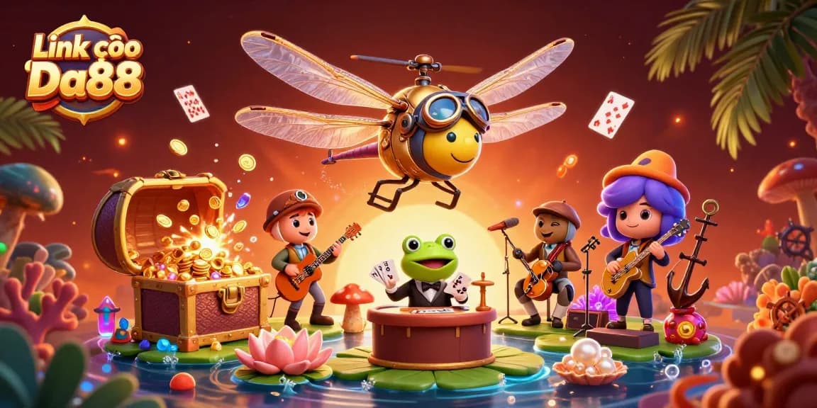 Join the excitement at Link vào Da88 with a vibrant 3D casino scene showcasing unique characters and games.