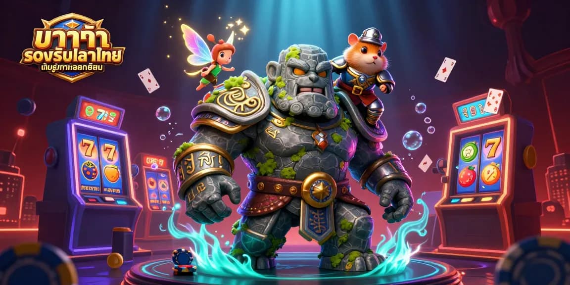 ภาพการ์ตูน 3D ที่แสดงถึง golem ผู้พิทักษ์โบราณที่มีเวทมนตร์และเกมคาสิโนที่น่าตื่นเต้น บาคาร่ารองรับภาษาไทยเต็มรูปแบบยอดนิยม