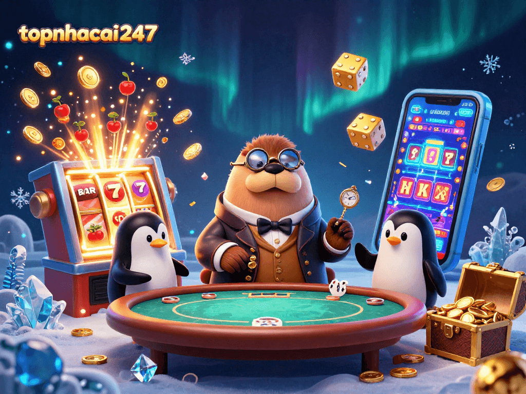 Engage with thrilling gameplay at topnhacai247 as walrus and penguin dealers shine at an underwater poker table.
