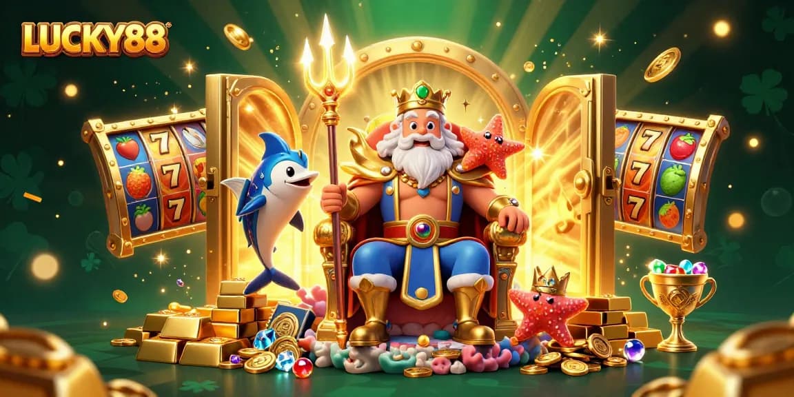 Play exciting slot games at LUCKY88 with vibrant 3D characters among treasures and gold.