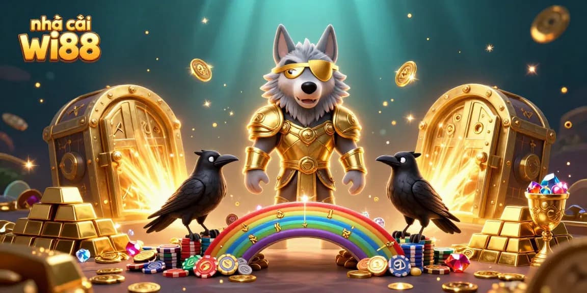 Engage with nhà cái wi88 in a vibrant scene of Odin and his ravens amidst cascading casino treasures.