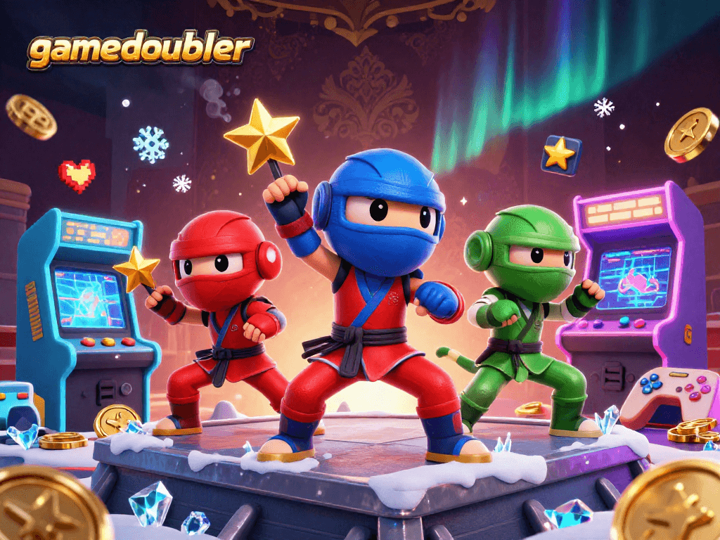 Engage with gamedoubler's thrilling gaming experience featuring vibrant ninja chameleons and arcade elements.
