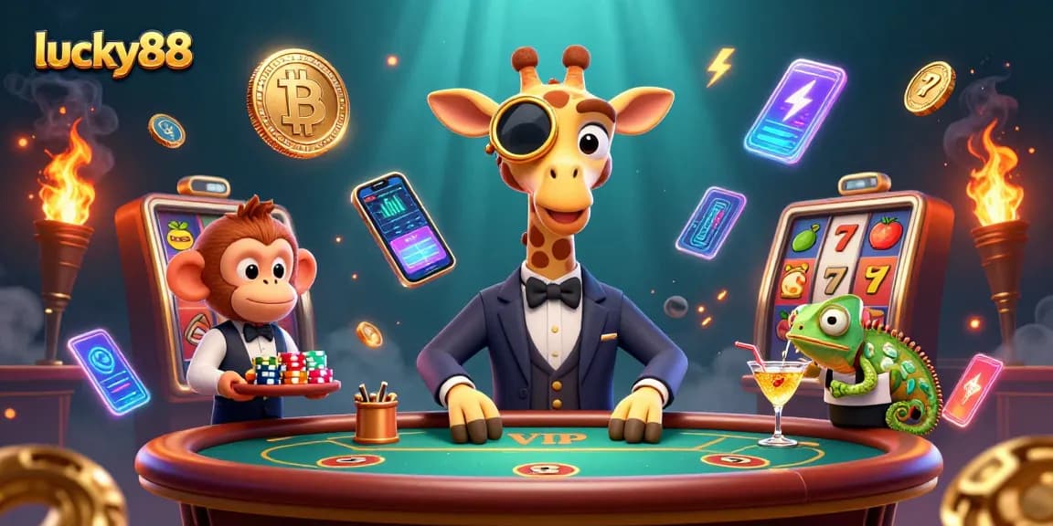 Experience thrilling gaming at lucky88 with a vibrant illustration of a giraffe in a casino setting.