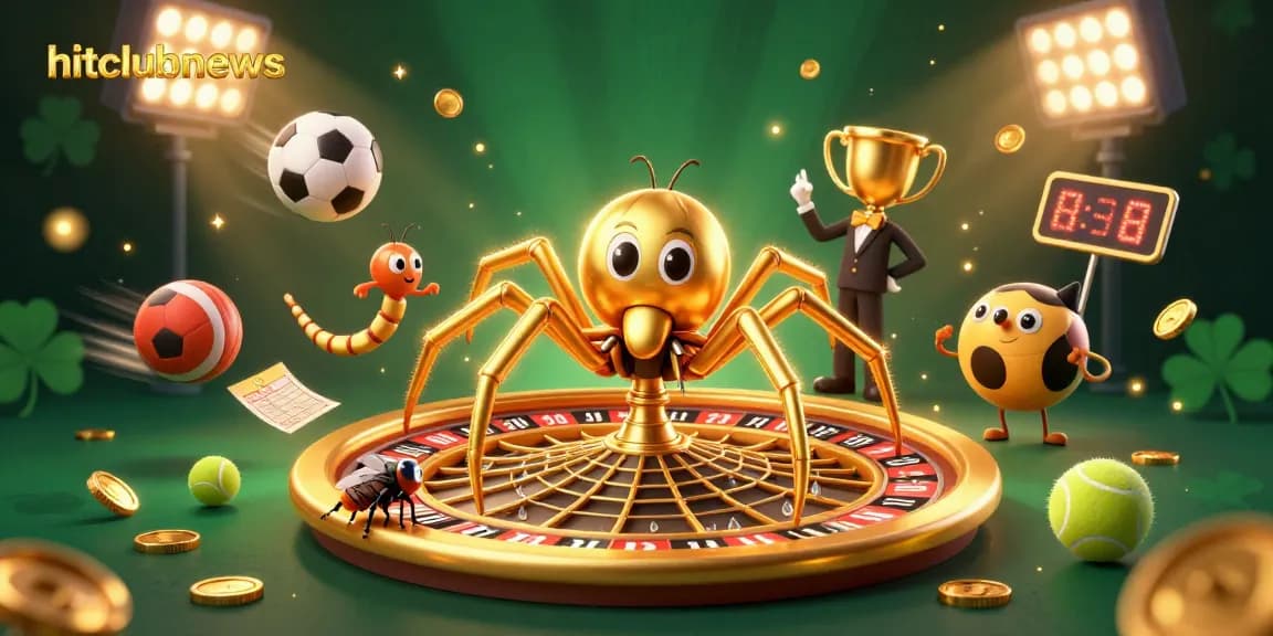 Engage in exciting betting with hitclubnews in a vibrant gambling scene featuring a golden spider and dynamic sports elements.