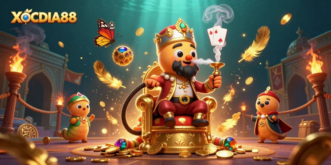 Experience the thrilling world of XOCDIA88 with a vibrant 3D illustration showcasing a whimsical caterpillar master surrounded by gaming elements.