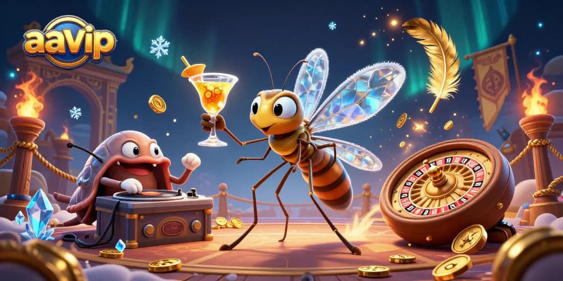 Aavip engages players with a lively casino scene featuring a unique mascot and thrilling game elements.