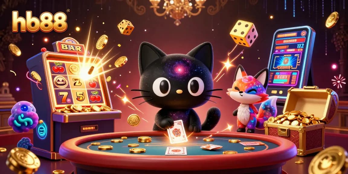 hb88 engages players with thrilling casino games featuring a black hole cat and colorful nebula fox.