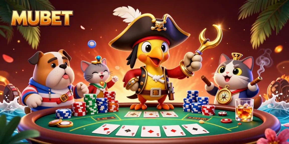 MUBET showcases an engaging scene with a pirate captain parrot and poker elements creating excitement