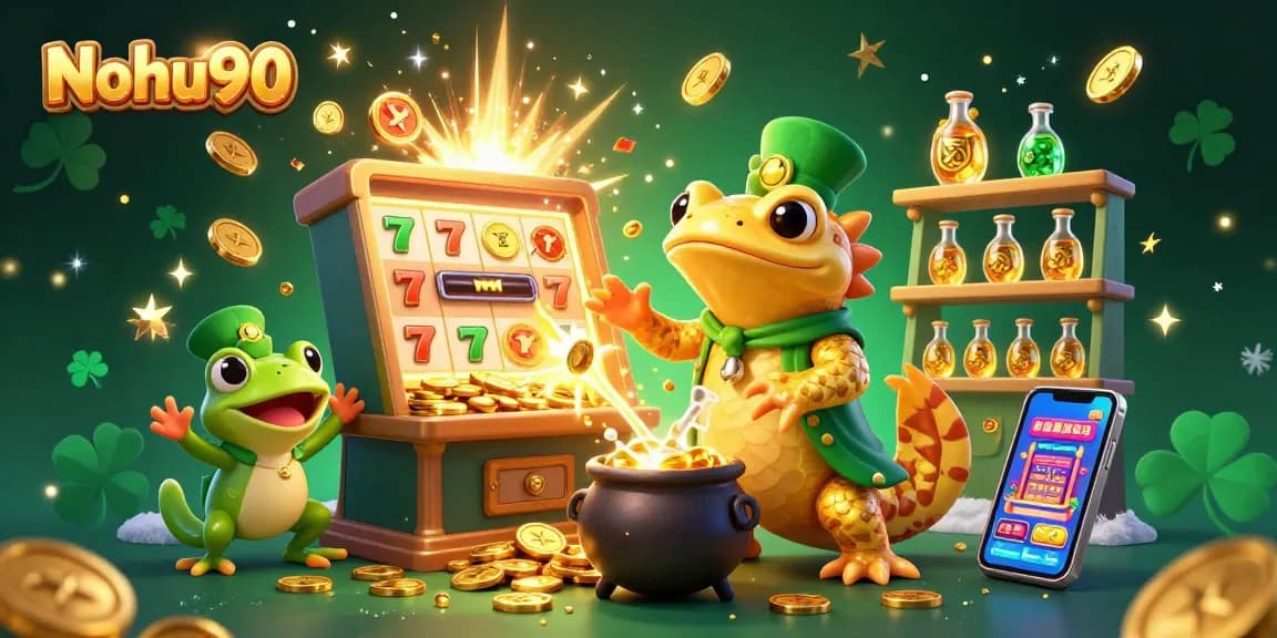 Nohu90 captivates players with its vibrant casino scene featuring a jackpot explosion and enchanting gold elements.