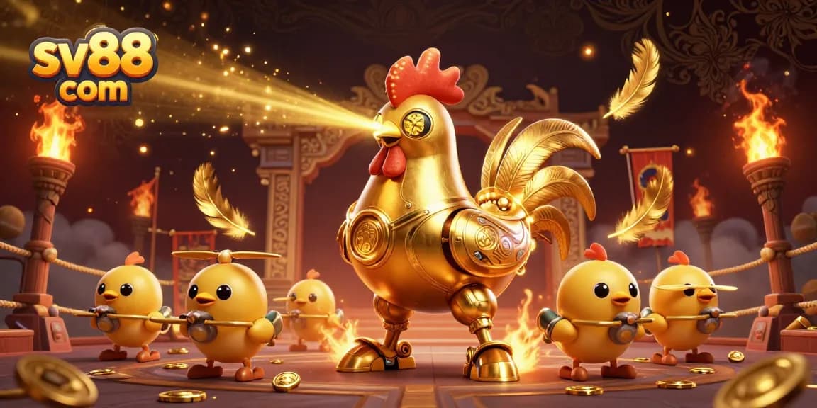 Experience exciting betting with sv88 com, featuring a golden rooster robot and chick drones in a vibrant casino scene.