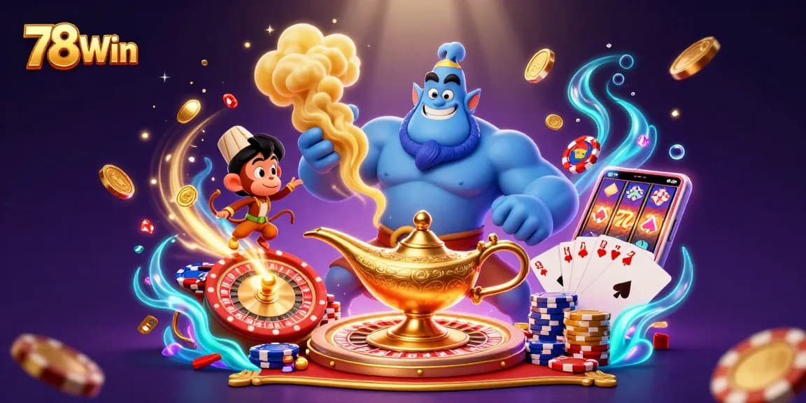 Engage in thrilling gaming adventures with 78Win's vibrant casino illustration showcasing colorful elements and characters.