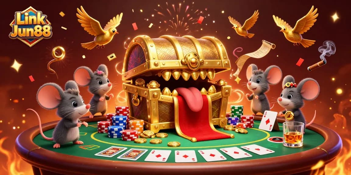 Experience thrilling wins at Link Jun88 with a fun 3D casino illustration filled with poker elements.