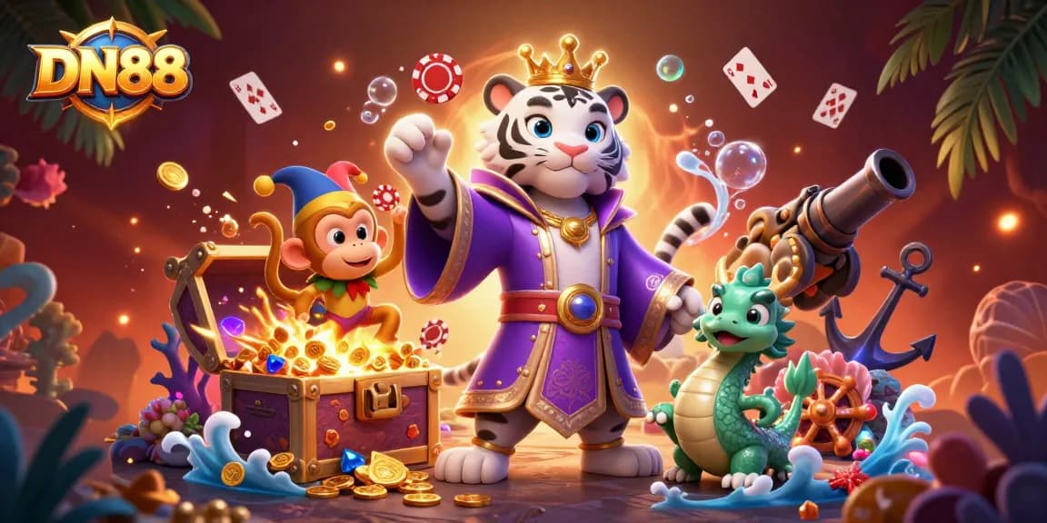 Engage with DN88's thrilling casino experience featuring vibrant characters and exciting gameplay elements.