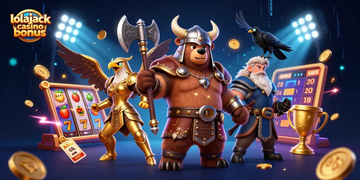 Play the exciting lolajack casino bonus for big wins in a vibrant and dynamic gaming scene filled with characters.