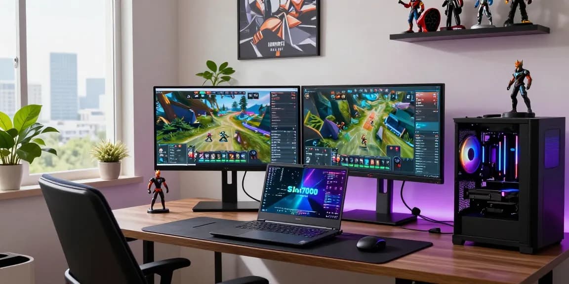 Gamer using Slot7000 platform, colorful gaming setup in modern office.