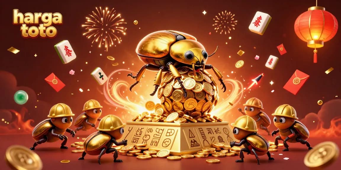 Experience the excitement of harga toto as beetles roll in golden coin glory at a dazzling casino pyramid.