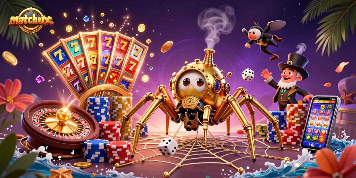 Experience the thrill of matchuoc with a steampunk spider webbing golden chains and poker chips.