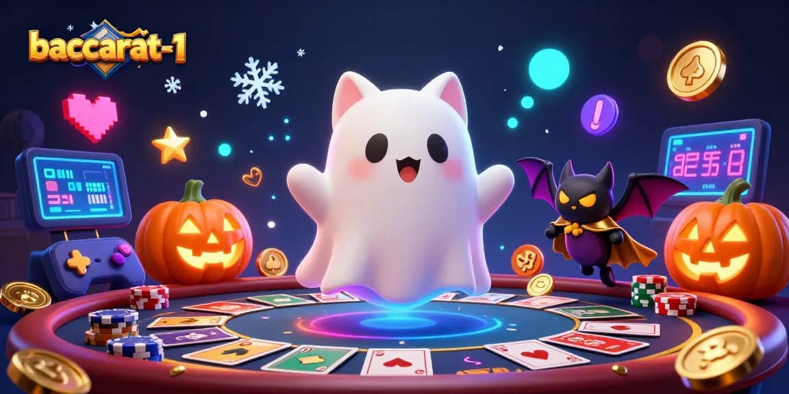 Baccarat-1: Engaging players with a ghost cat and vampire bat amid a lively casino atmosphere featuring vibrant gaming elements.
