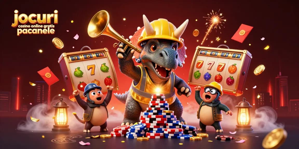 Joacă jocuri casino online gratis păcănele cu un triceratops și un parasaurolophus, înconjurați de simboluri de noroc.