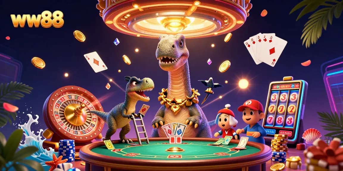 Win big at ww88 with a playful brontosaurus casino scene featuring card dealing raptor and colorful game elements.