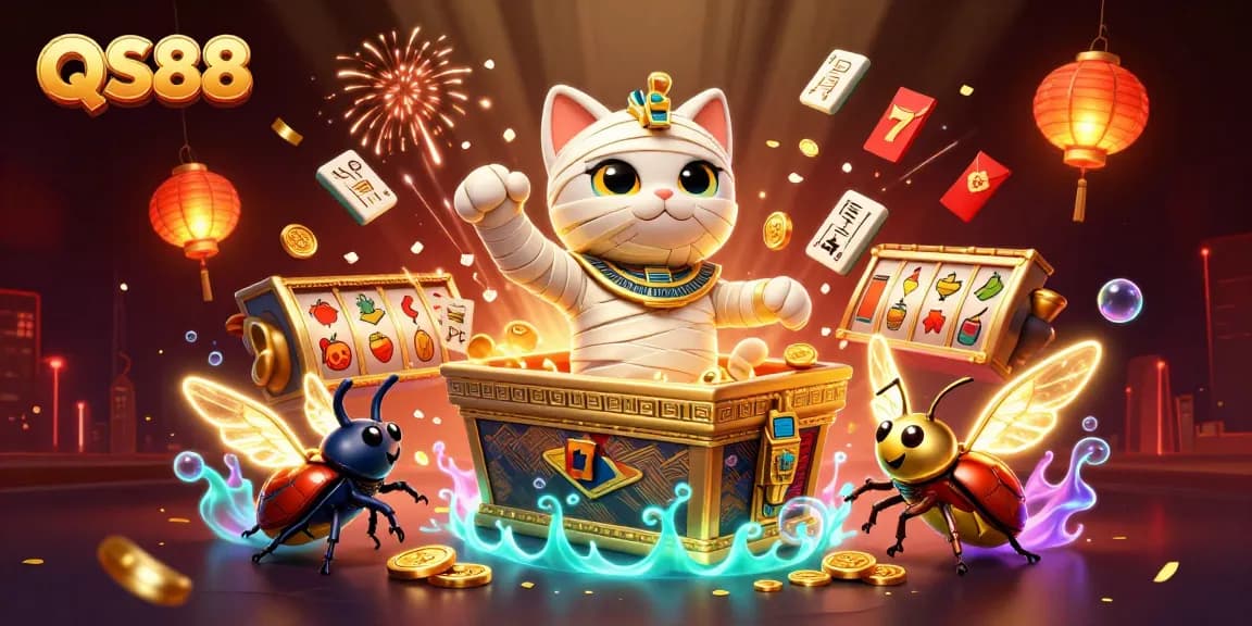 Win big at QS88 with the 3D cartoon mummy cat and jackpot elements in a vibrant casino scene.