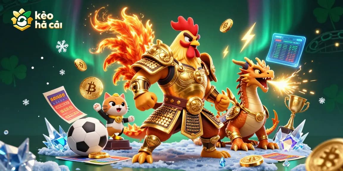 Engage with kèo nhà cái through dynamic sports betting action featuring a rooster warrior and dragon hatchling.
