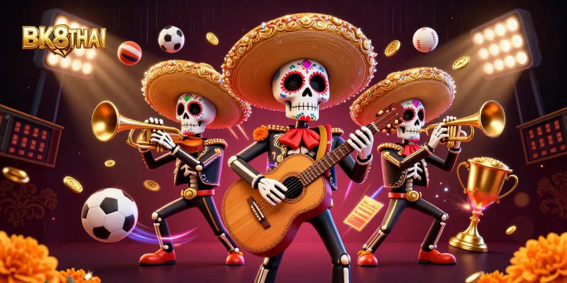 Engage in exciting gameplay at BK8THAI, featuring vibrant mariachi characters and dynamic sports betting elements.