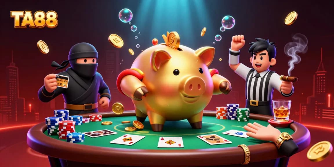 TA88 features a sumo wrestler piggy bank amidst a vibrant casino scene.
