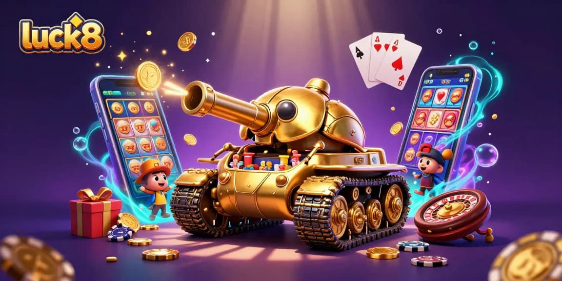 Experience the excitement at luck8, showcasing a vibrant 3D casino scene with slots and winning moments.