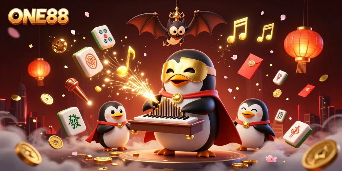 ONE88 penguin casino scene with golden coins, bat acrobat, and vibrant festive elements.