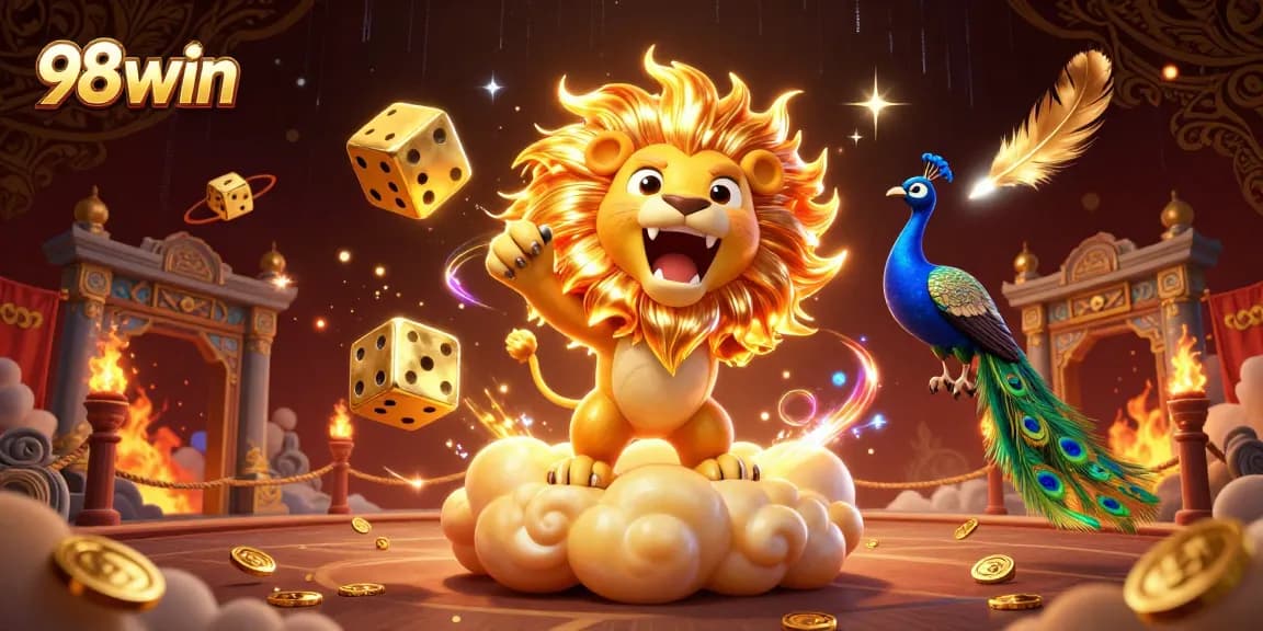 Experience the thrill of 98win with the dazzling sun lion, golden dice, and vibrant casino elements.