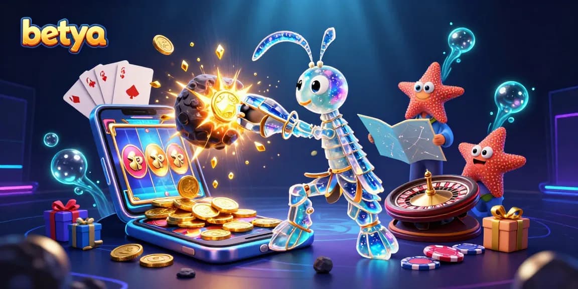 Experience excitement with betya's animated samurai and starfish amidst vibrant casino elements.